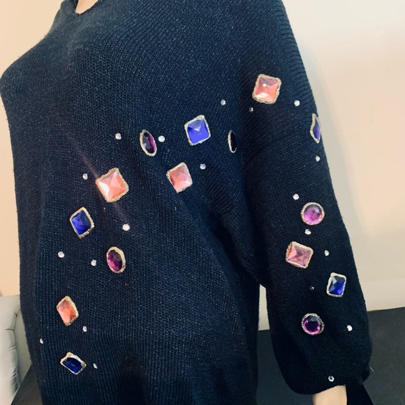 Vintage HAND-LOOMED Dressy Sweater,SLENDERIZING Black with Large Sparkling Gems! - Picture 2 of 12